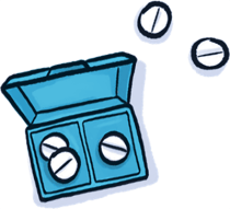 Drawing of three prescription pills in a pill box and two pills sitting next to the pill box.
